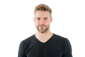 Guy handsome with unshaven face and mustache. Beard and hair care barber shop. Skincare and male...