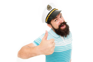 Summer vacation. Hipster beard mustache sailor hat. Captain of cruise liner. Brutal seaman isolated...