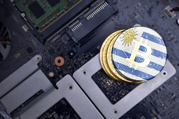 golden bitcoins with flag of uruguay on a computer electronic circuit board. bitcoin mining concept.