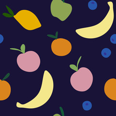 Vector seamless pattern of fruits: lemon orange, banana, peach, apple and blueberry in simple style on dark purple background