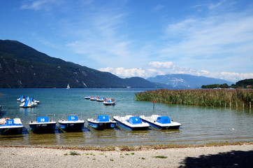 The Grand Port with its boats and lake Bourget view in the town of Aix les Bains in the Auvergne-Rhone-Alpes.