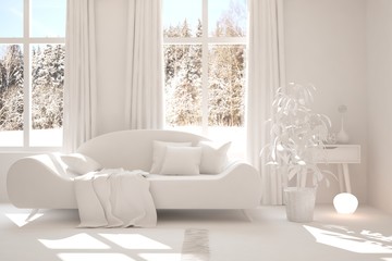 Mock up of stylish room in white color with sofa and winter landscape in window. Scandinavian interior design. 3D illustration