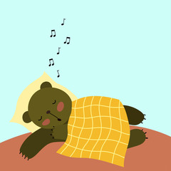 Cute cartoon sleeping bear. Childish  illustration of funny sleepy bear on the blue background with flying notes. Vector concept print for children.