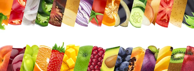 Foto op Plexiglas Verse groenten Groenten en fruit in strepen close-up collage
