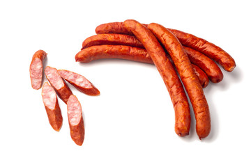 Smoked bratwurst Pork Sausages, close-up, isolated on white background.