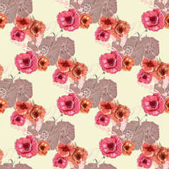 Flourish poppies pattern in line art style. Poppy flower line art. Botanical seamless vector texture. Colorful background blossoming bloomy vector. Wildflowers handcrafted artsy poppy surface design