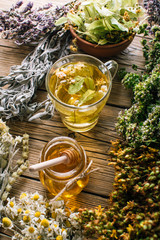 Harvesting herbs, flower tea and honey, alternative medicine