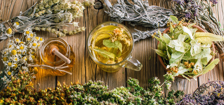 Harvesting herbs, flower tea and honey, alternative medicine