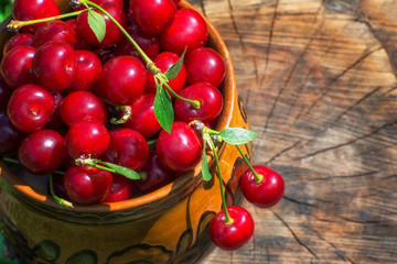 Ripe cherry berries in a clay pot in the garden. This is a diet and vitamin fruit.