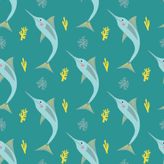 Fototapeta premium Seamless pattern of playful jumping swordfish in the ocean surrounded by bright corals on a blue background.