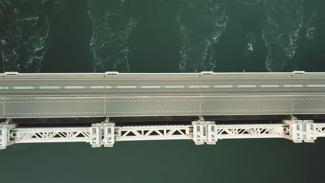 Oosterscheldekering, Eastern Scheldt storm surge barrier, in the Netherlands, Aerial top down birds eye view
