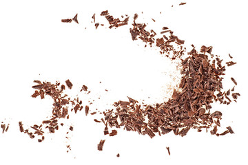 Pieces of chocolate on a white background, top view.