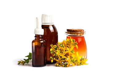 Pot marigold oil and flowers isolated