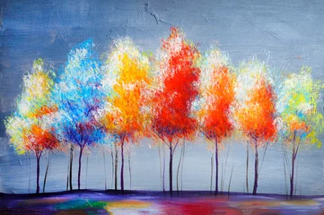 Fotobehang Oil painting landscape, abstract colorful gold trees © Valenty