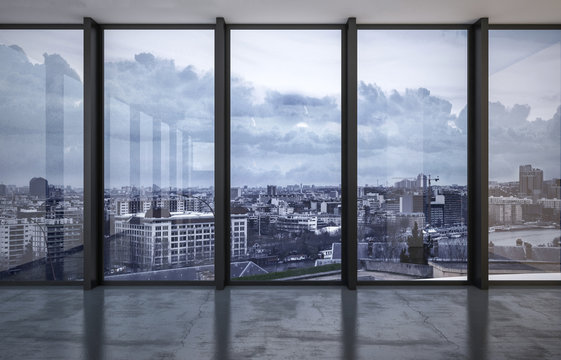 Cityscape viewed through floor to ceiling windows