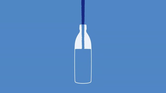 Isolated cel shaded glass bottle fills with water, blue color