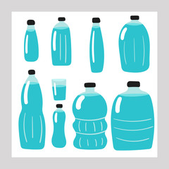 Hand drawn doodle water bottles set. Card, poster, flyer, page, cover with water, glass