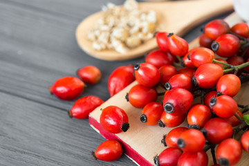 fresh red berries of Dog rose Rosehips, types Rosa canina hips. Medicinal plants and herbs composition