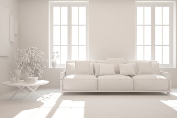Mock up of stylish room in white color with sofa. Scandinavian interior design. 3D illustration