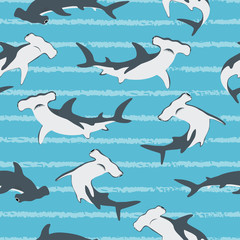 Seamless hammerhead shark pattern. Vector sea background. - obrazy, fototapety, plakaty
