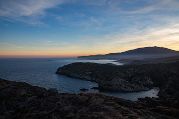Sunset view of the Cap de Creus coastline with the sunset, Catalunya