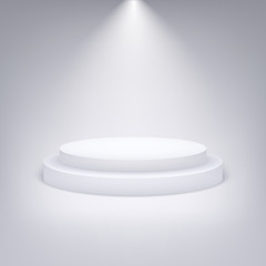 White round podium illuminated with light. Vector pedestal for product presentation.