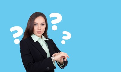 Question woman apron attractive beautiful beauty blue background