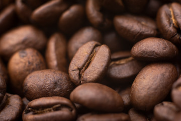 Coffee beans. Roasted coffee beans, coffee, aromatic food and drinks, close up.