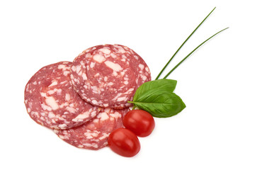 Sliced Dried sausage or salami, smoked meat, close-up, isolated on white background