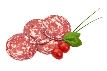 Salami smoked sausage, Traditional dry-cured Milano salami, top view, isolated on white background