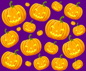 A lot of Halloween pumpkins on a purple background