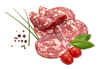 Sliced Dried sausage or salami, smoked meat, close-up, isolated on white background