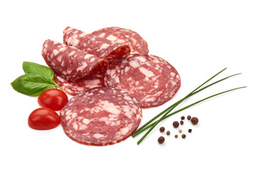 Smoked Salami Sausage, Traditional dry-cured meat, close-up, isolated on white background