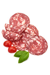 Salami smoked sausage, Traditional dry-cured Milano salami, top view, isolated on white background