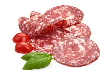Sliced Dried sausage or salami, smoked meat, close-up, isolated on white background