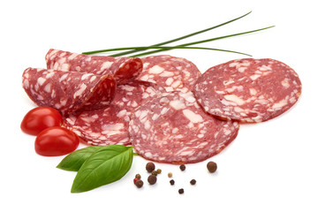 Smoked Salami Sausage, Traditional dry-cured meat, close-up, isolated on white background