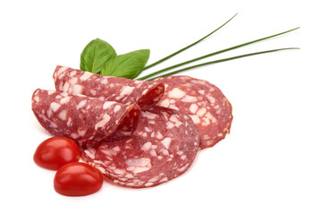 Salami smoked sausage, Traditional dry-cured Milano salami, close-up, isolated on white background