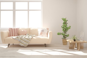 Stylish room in white color with sofa. Scandinavian interior design. 3D illustration