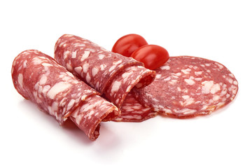 Sliced Dried sausage or salami, smoked meat, close-up, isolated on white background