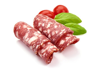 Smoked Salami Sausage, Traditional dry-cured meat, close-up, isolated on white background
