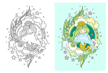 Princess mermaid on the background of a large seashell. Cute cartoon character. Vector illustration for coloring book, print, card, postcard, poster, t-shirt and tattoo.