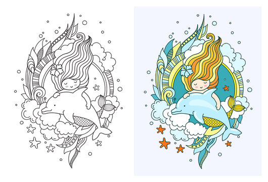 Princess mermaid with dolphin. Cute cartoon character. Vector illustration for coloring book, print, card, postcard, poster, t-shirt and tattoo.
