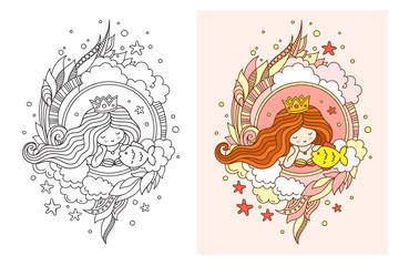 Beautiful dreamy princess with fish. Vector doodle illustration for adult coloring book, print, postcard, poster.