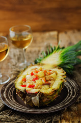 Bacon chicken pine apple vegetables fried rice in pineapples