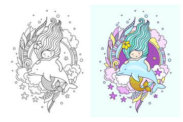 Mermaid with gorgeous long green hair, floating with dolphin. Vector illustration for children book, notebook, print, poster, postcard.