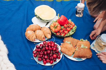 close-up of unrecognizable cropped people having summer picnic on the blanket in the park. They are having fresh fruit, vegetables and homemade croissants and sandwiches with lemonade. Man is cutting