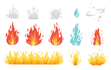 Fire flame vector icons in cartoon style. Flames of different shapes. Fireball set, flaming symbols.