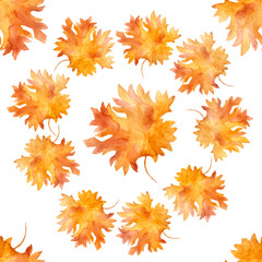 Watercolor seamless pattern colorful autumn brown, orange and yellow leaves isolated on white background. Flower pattern for beautiful wedding invitation design, greeting cards.