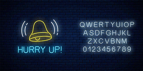 Glowing neon sign with ringing bell and hurry up text with alphabet. Call to action symbol with cheering inscription.