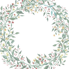Watercolor wreath with wildflower, herbs, leaf. collection garden, wild foliage, flowers, branches. illustration isolated on white background.